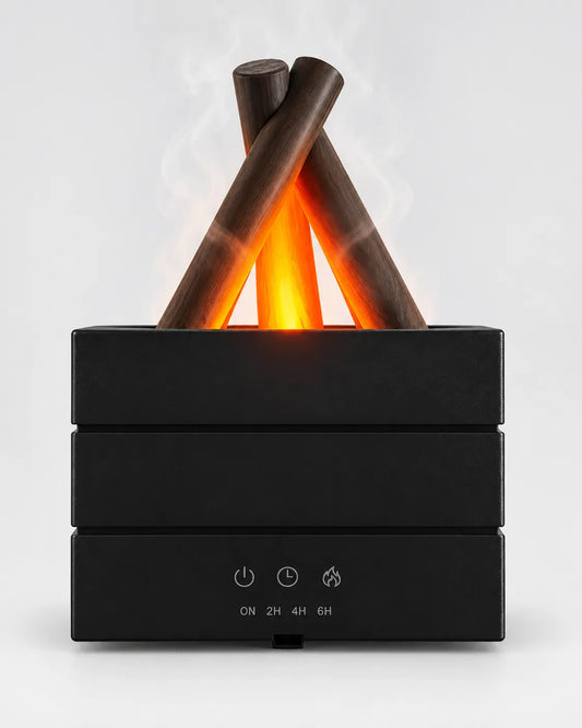 l campfire aroma diffuser box showing a black base, crossed wood-look logs, simulated flames and product features.