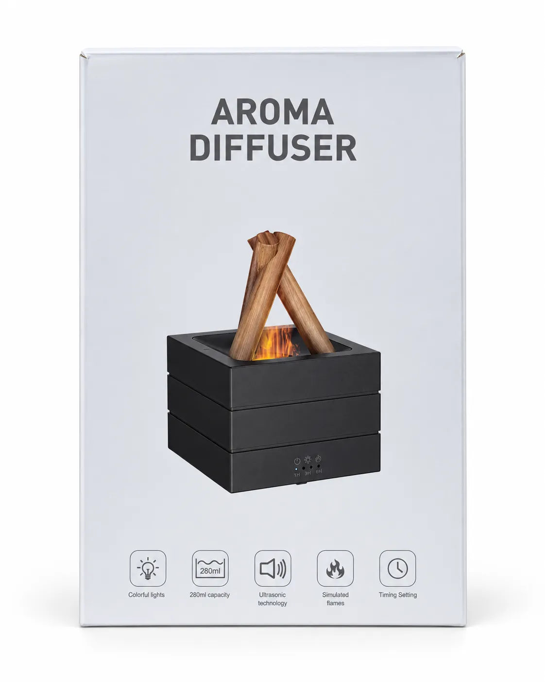 280ml campfire aroma diffuser box showing a black base, crossed wood-look logs, simulated flames and product features.