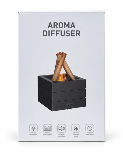 280ml campfire aroma diffuser box showing a black base, crossed wood-look logs, simulated flames and product features.