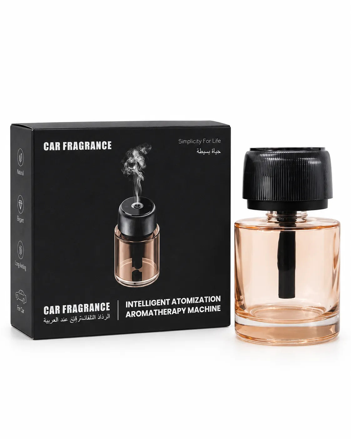 Car fragrance diffuser with a black ribbed atomizing head and transparent peach-tinted bottle beside its retail box.