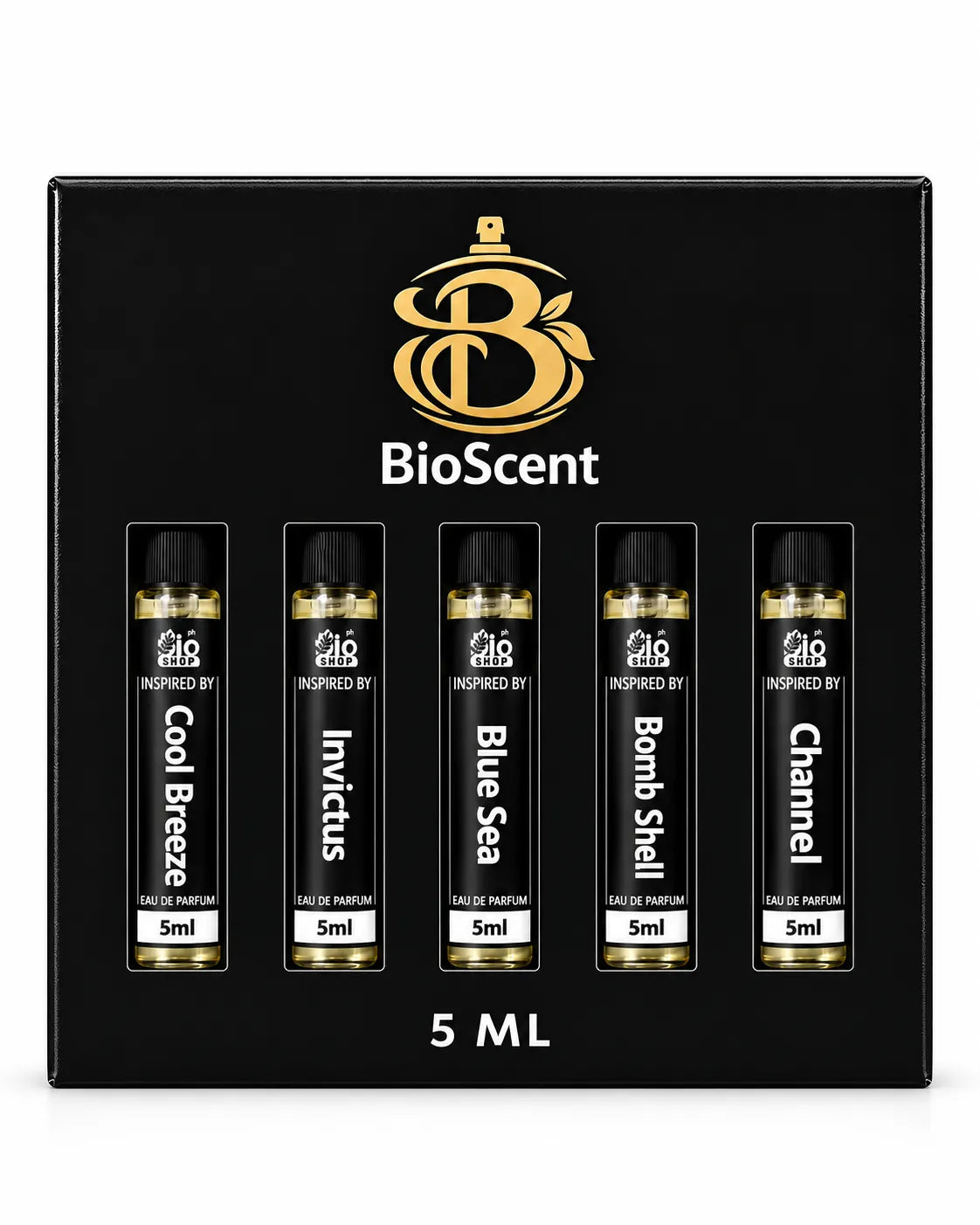 Bio Shop premium perfume discovery set with five 5ml inspired fragrances in black gift box