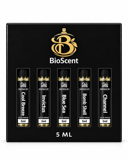 Bio Shop premium perfume discovery set with five 5ml inspired fragrances in black gift box