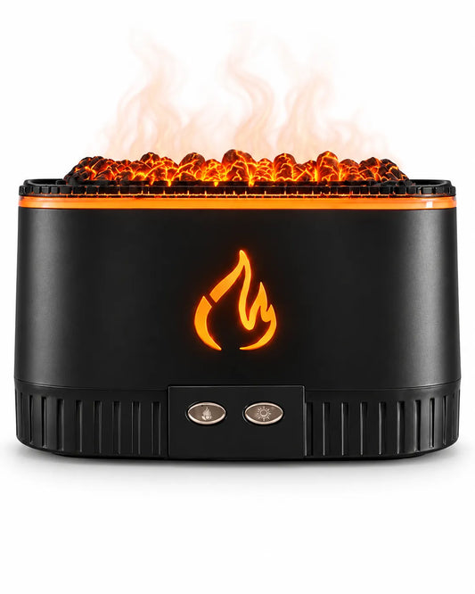 Black coal-effect flame aroma diffuser with two front buttons and AROMA retail packaging on a white background.