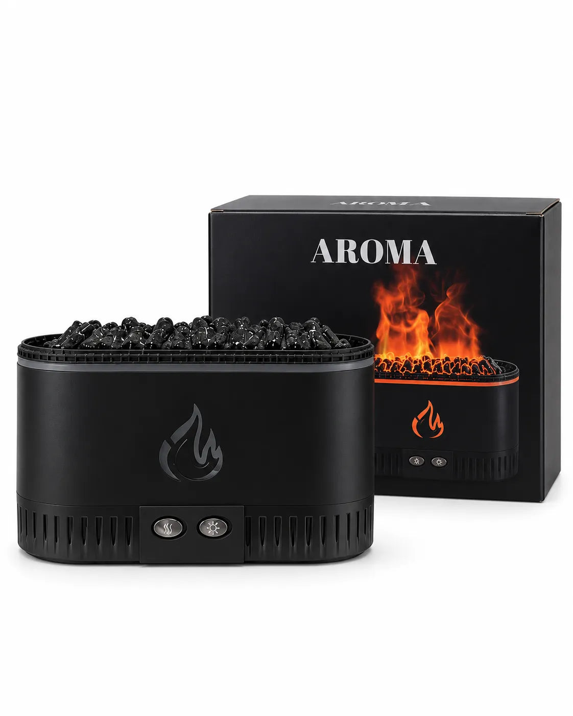 Front view of a black coal-effect flame aroma diffuser with a textured top, flame emblem, and two oval buttons.