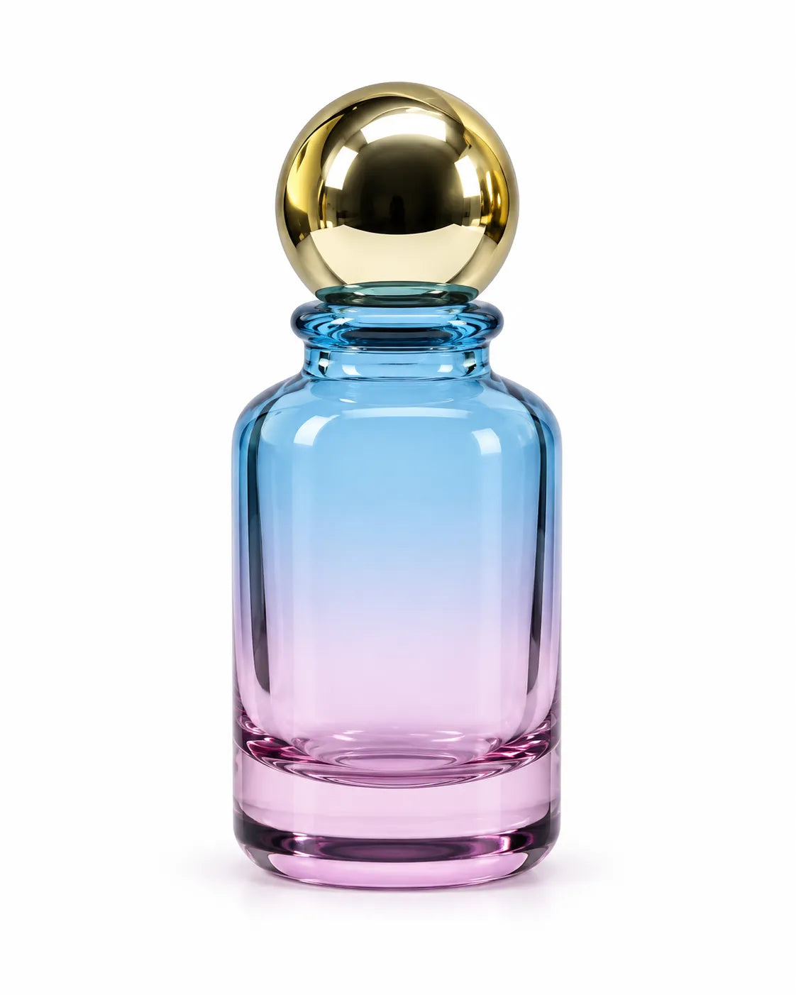 50ml aqua-green glass perfume bottle with a thick glass base and gold-finish ball cap