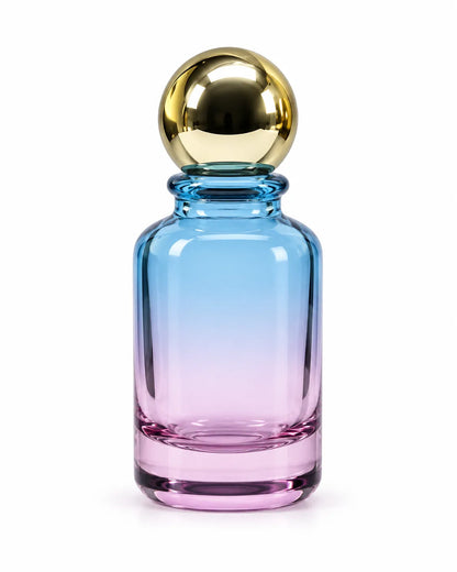50ml aqua-green glass perfume bottle with a thick glass base and gold-finish ball cap