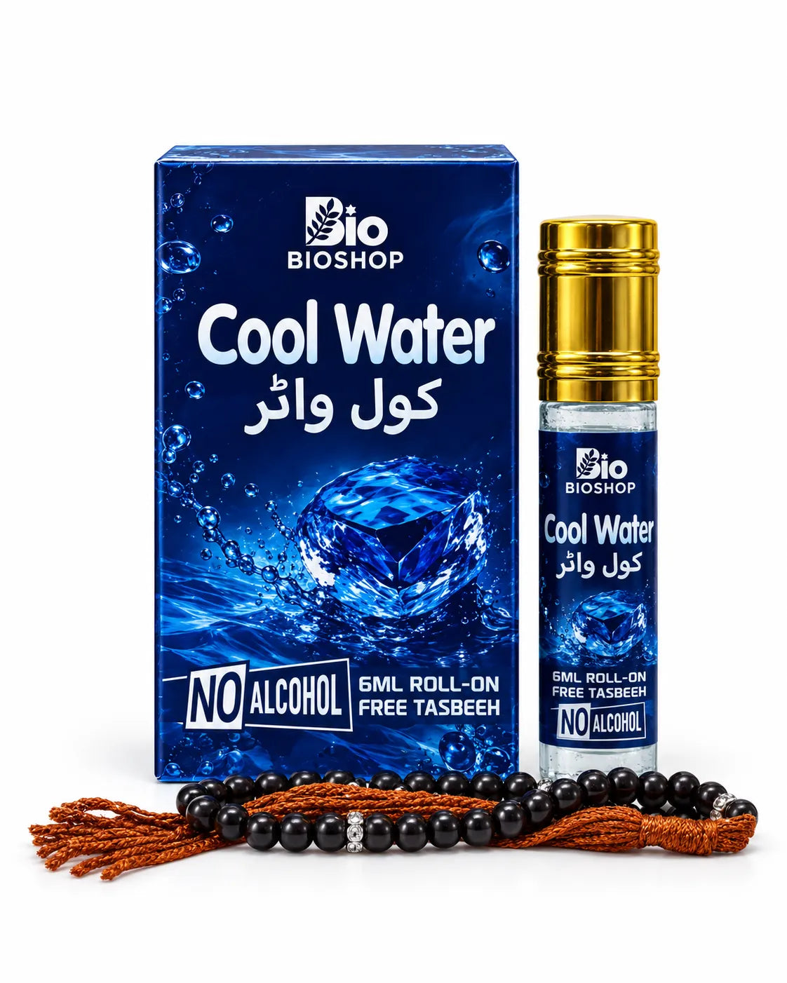 Bio Shop Cool Water 6ml alcohol-free roll-on perfume oil in blue box with gold cap and black tasbeeh
