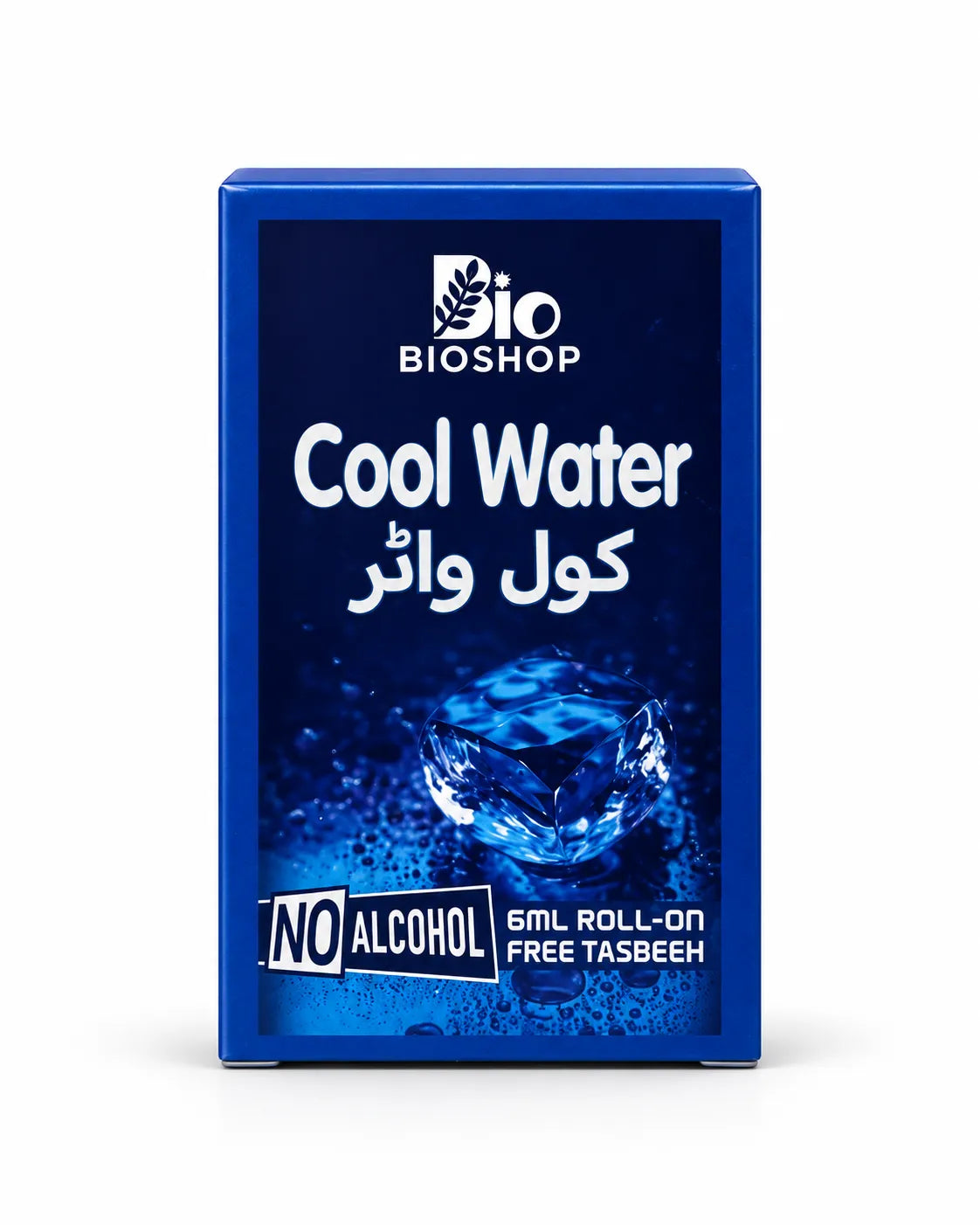 Cool Water 6ml attar bottle and blue fragrance gift packaging on white background