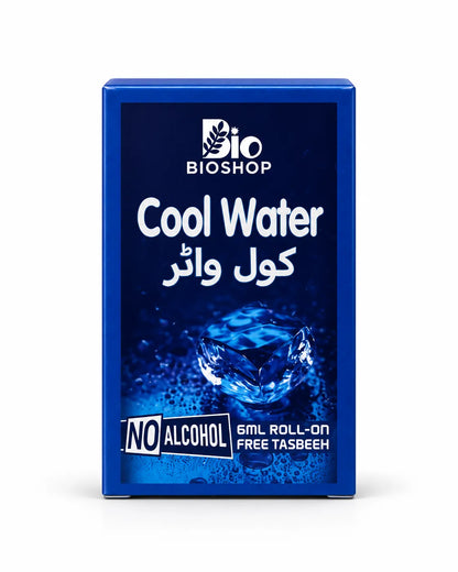 Cool Water 6ml attar bottle and blue fragrance gift packaging on white background