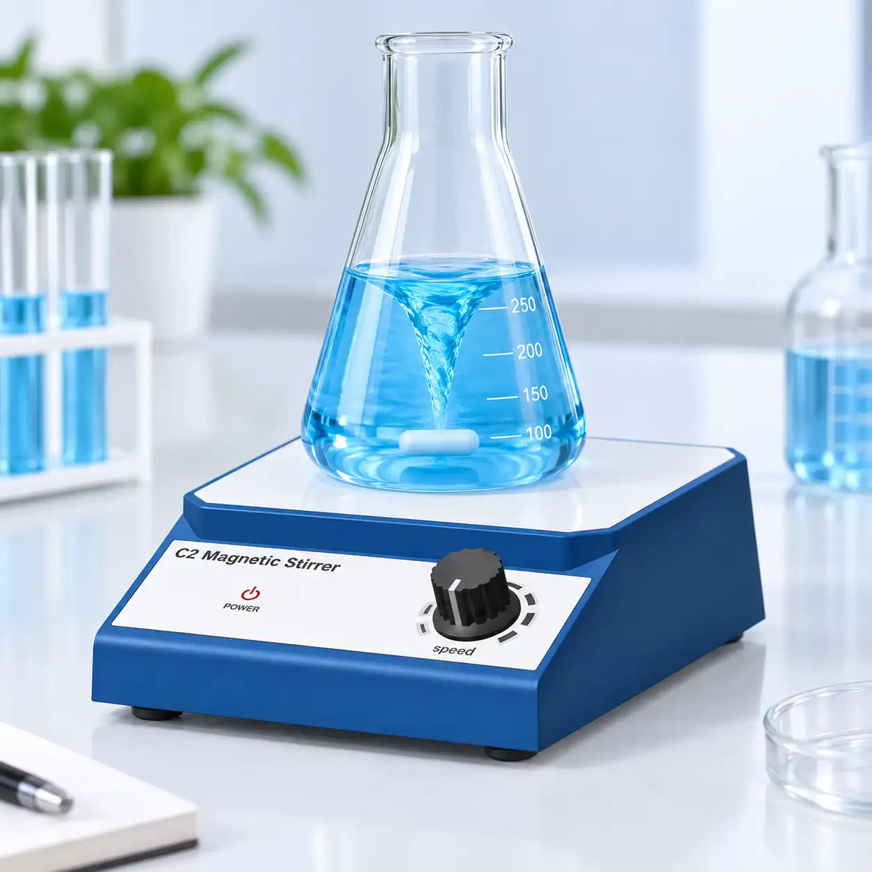 Laboratory magnetic stirrer with magnetic stir bar and power adapter