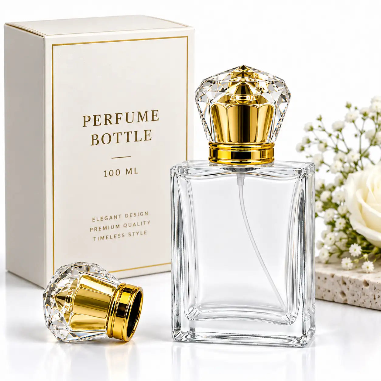 Luxury 100ml glass crimping perfume bottle with Crown Crystal Cap for premium fragrance packaging