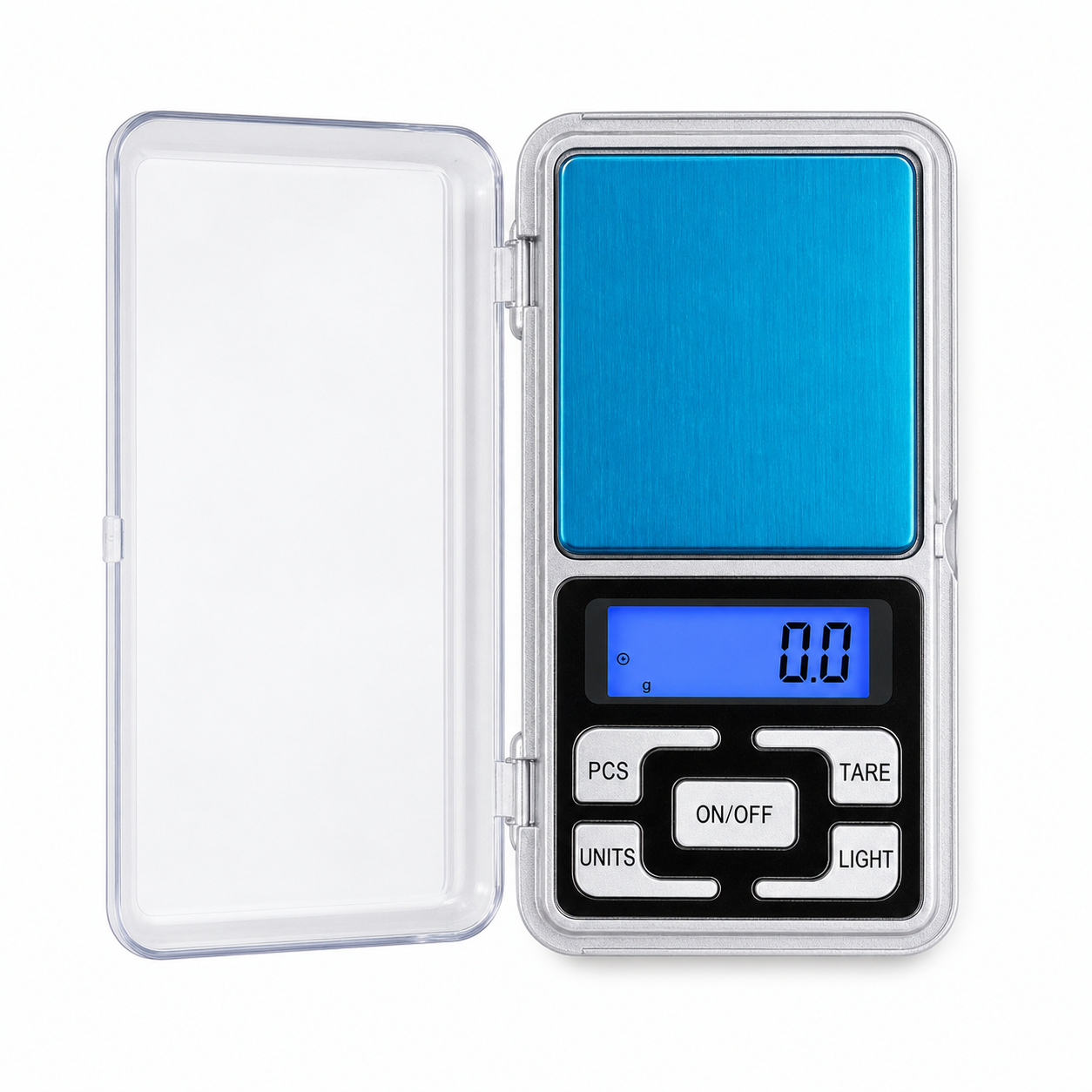 Digital pocket scale with blue display and white casing on a white background