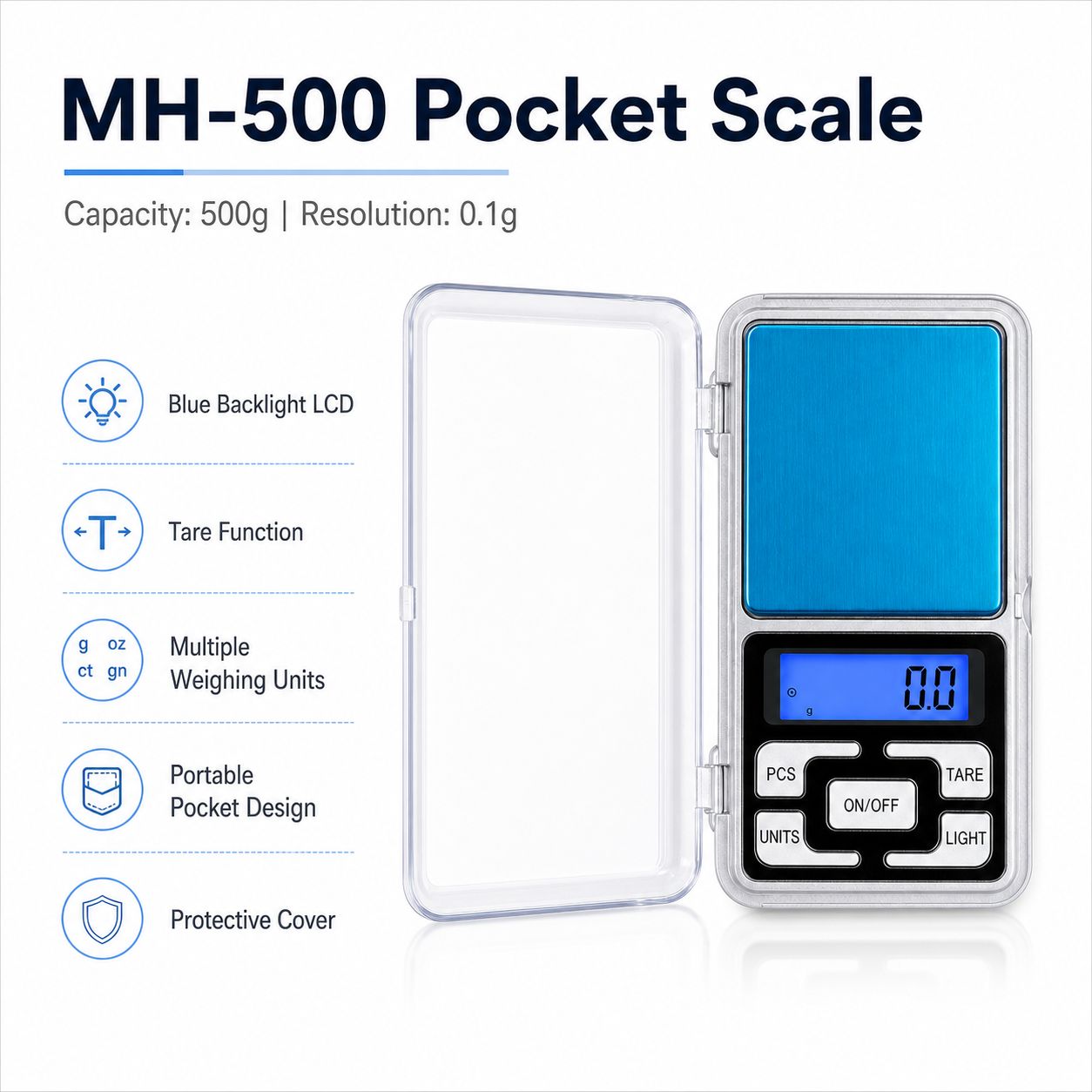 Compact MH-500 portable digital scale with transparent cover and size details