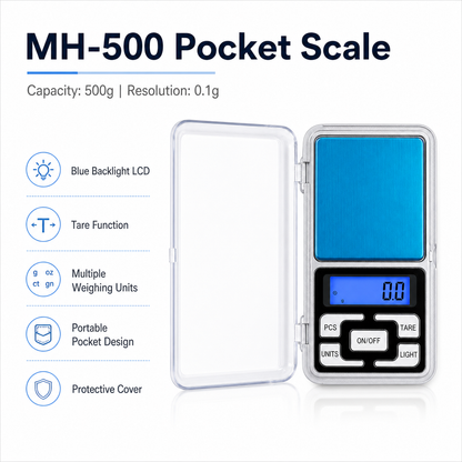 Compact MH-500 portable digital scale with transparent cover and size details