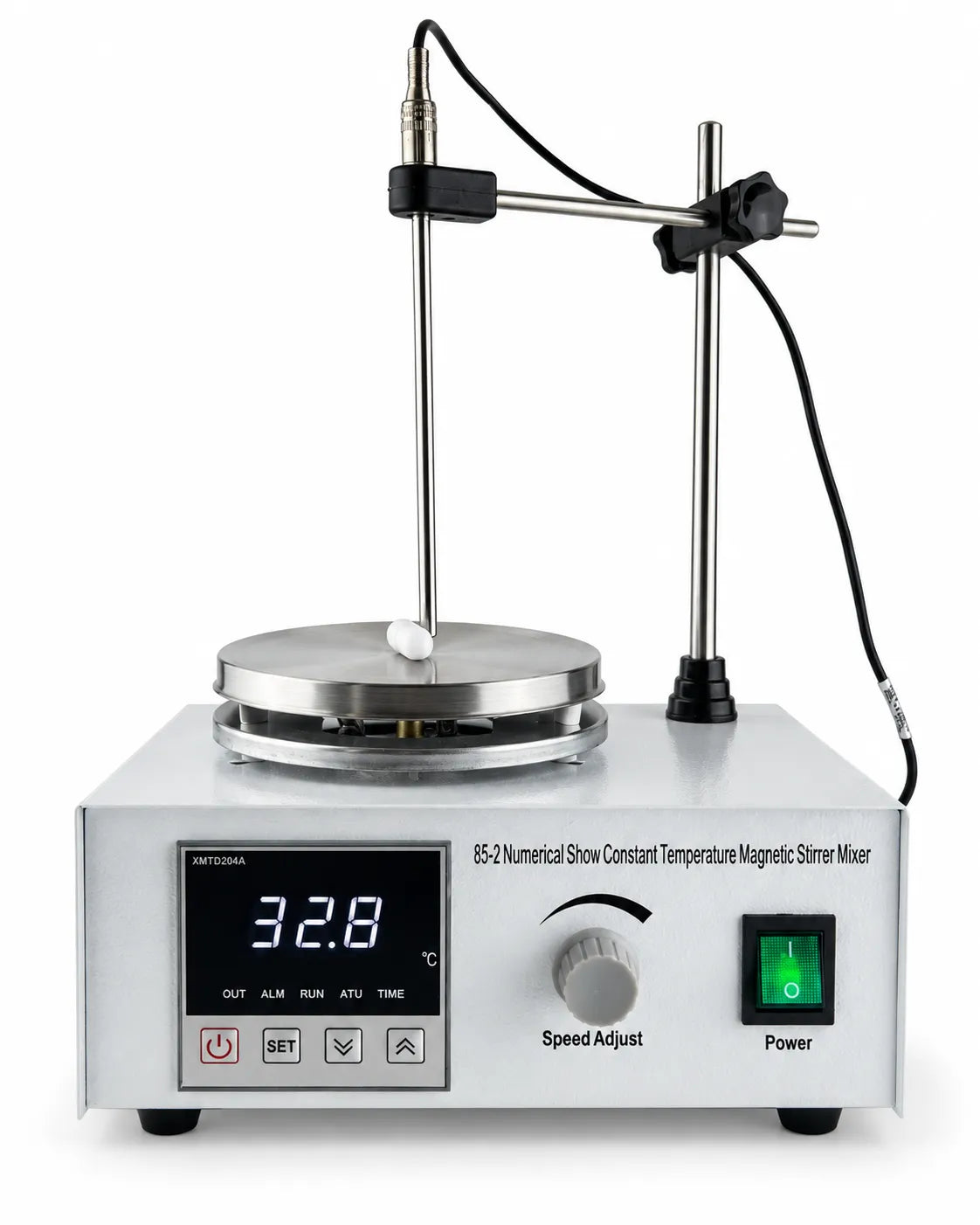Digital magnetic stirrer with adjustable support rod, temperature probe and speed control knob