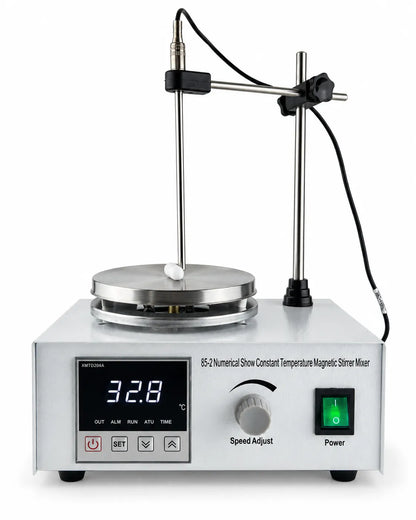 Digital magnetic stirrer with adjustable support rod, temperature probe and speed control knob