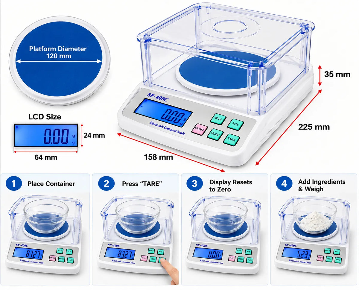 SF-400C digital weighing scale dimensions showing 225mm length, 158mm width, 35mm base height, 120mm platform diameter and 64 × 24mm LCD screen.
t