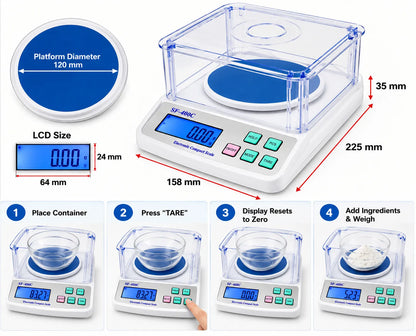 SF-400C digital weighing scale dimensions showing 225mm length, 158mm width, 35mm base height, 120mm platform diameter and 64 × 24mm LCD screen.
t