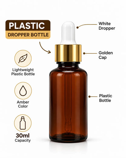 30ml amber plastic dropper bottle suitable for compatible facial serums and cosmetic oils.