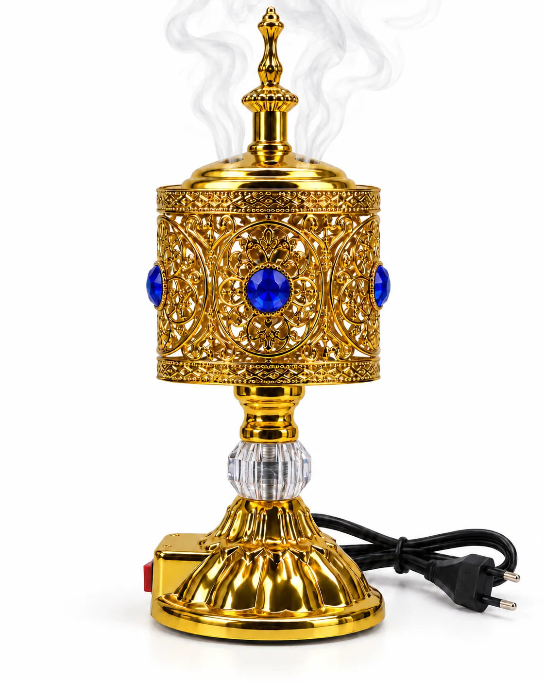 Luxury golden electric bakhoor burner with blue crystal stones, clear center accent and black power cable on white background