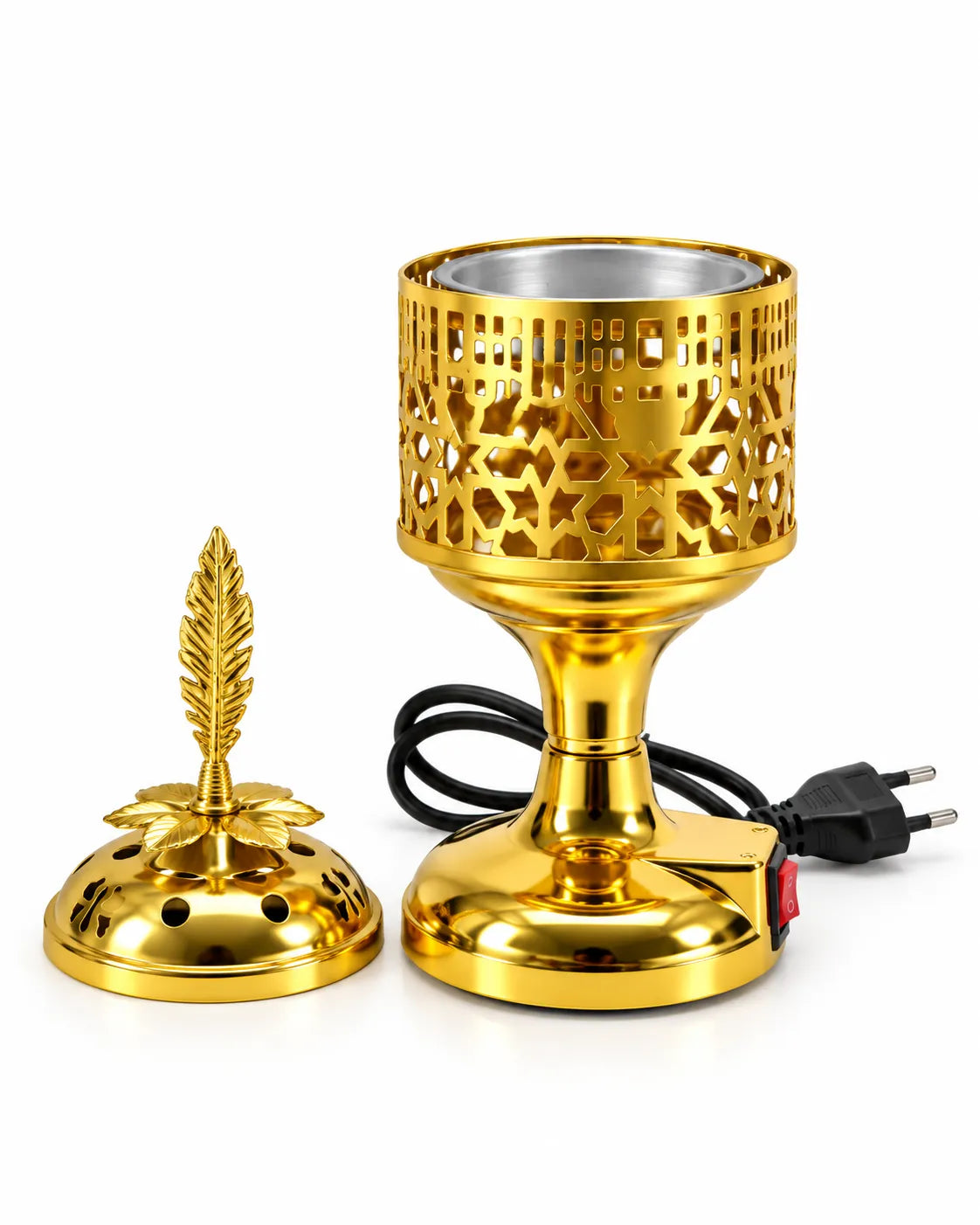 electric bakhoor burner with geometric cut-outs, silver-tone cup, leaf-design lid and black cord.