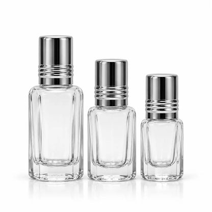 3ml 6ml and 12ml clear glass empty attar bottles with silver caps Bio Shop Pakistan