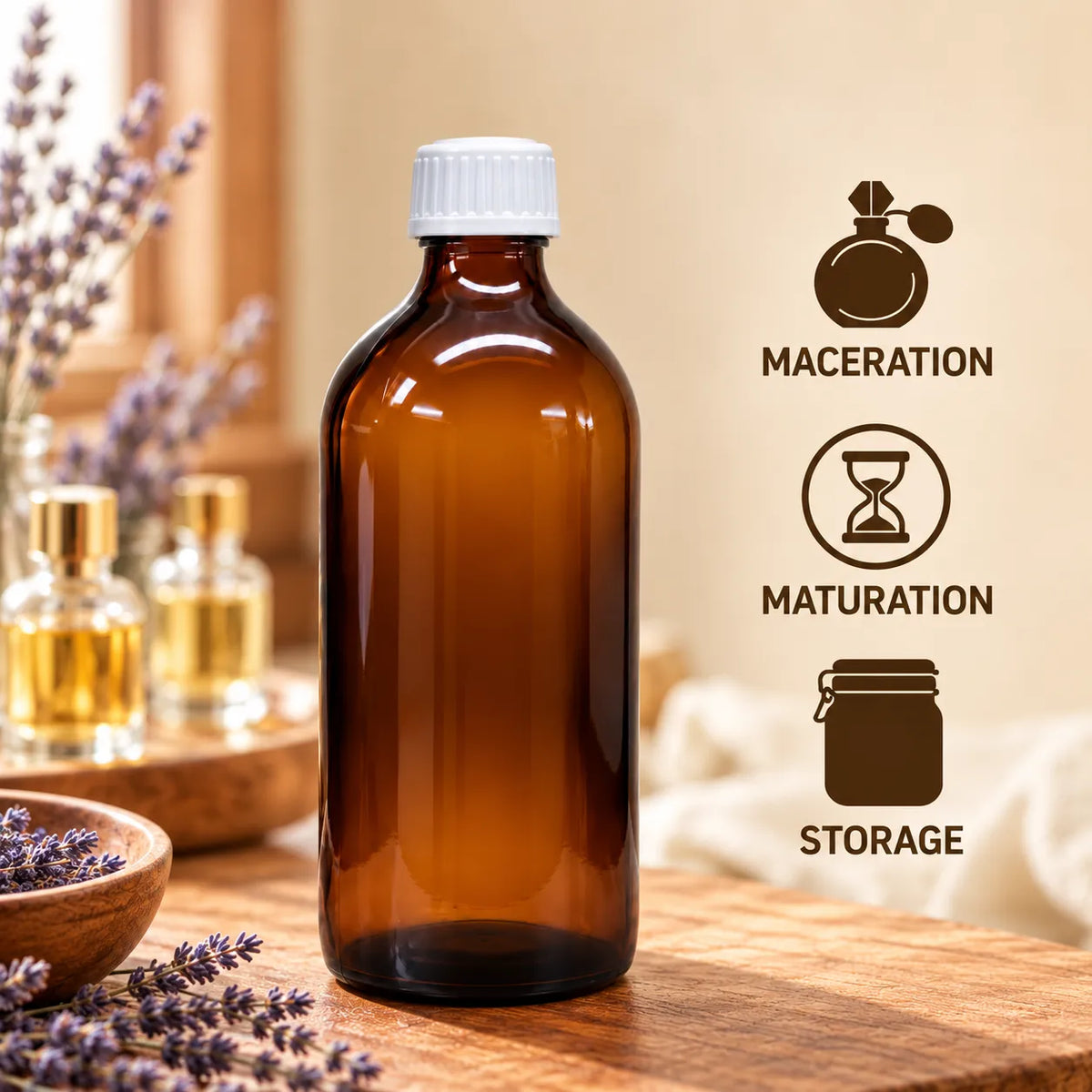 500ml amber glass storage bottle with white screw closure, rounded shoulders and cylindrical body for oils and cosmetic ingredients.