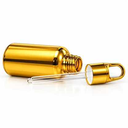 30ml empty metallic silver dropper bottle with a matching oval arch-style cap and white bulb on a white background.