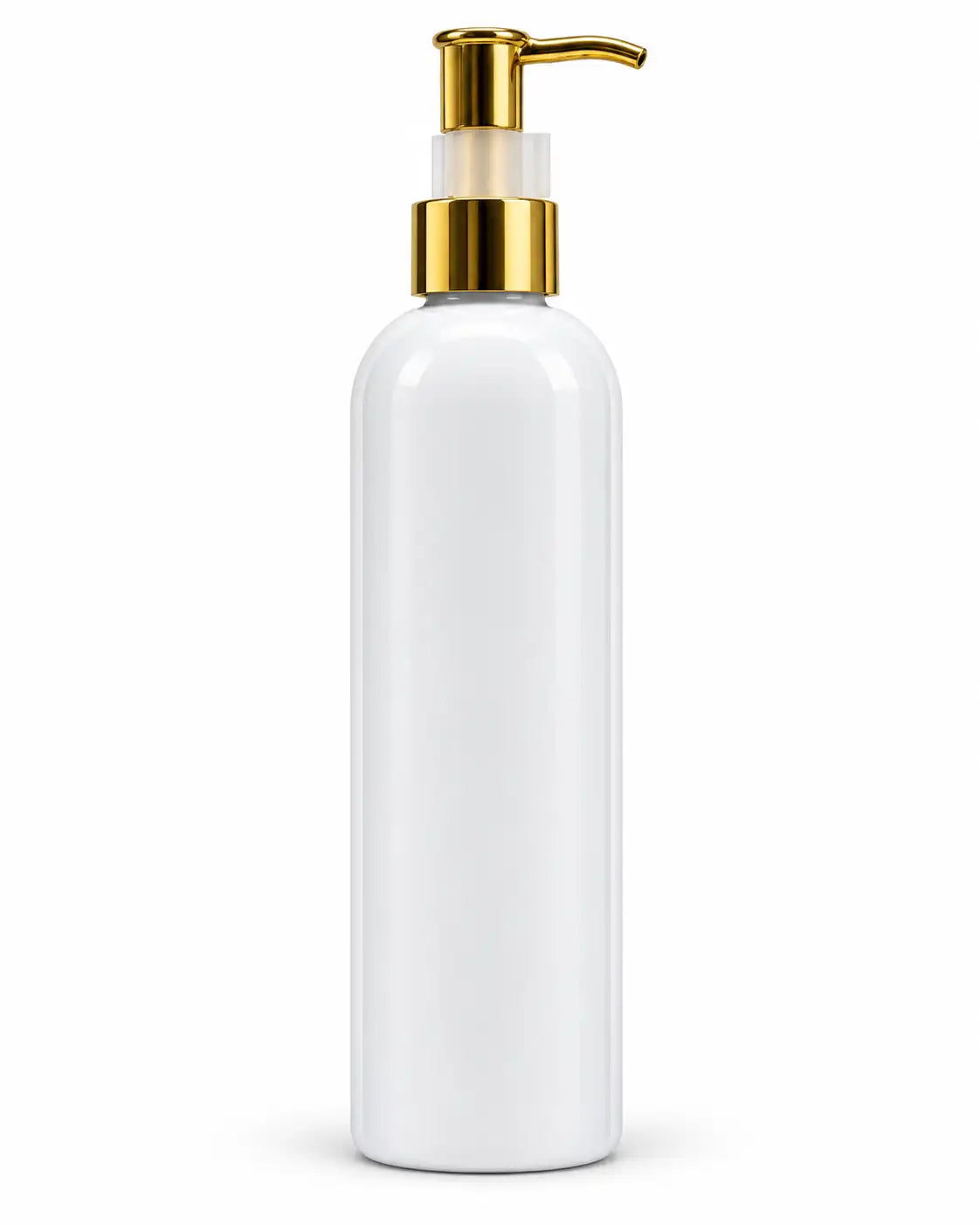 250ml white PET bottle with gold pump for skincare and haircare products