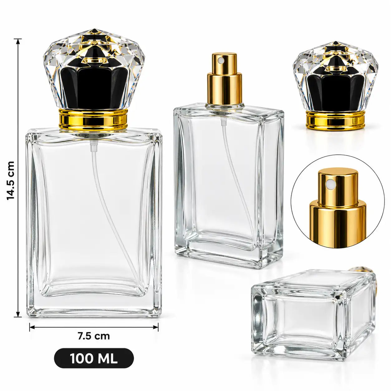 100ml clear glass crimping perfume bottle with black Crown Crystal Cap and golden spray
