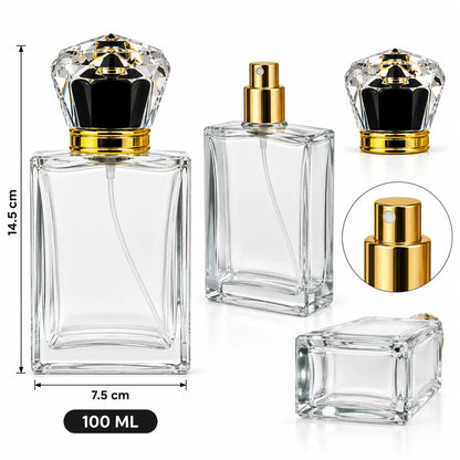 100ml clear glass crimping perfume bottle with black Crown Crystal Cap and golden spray