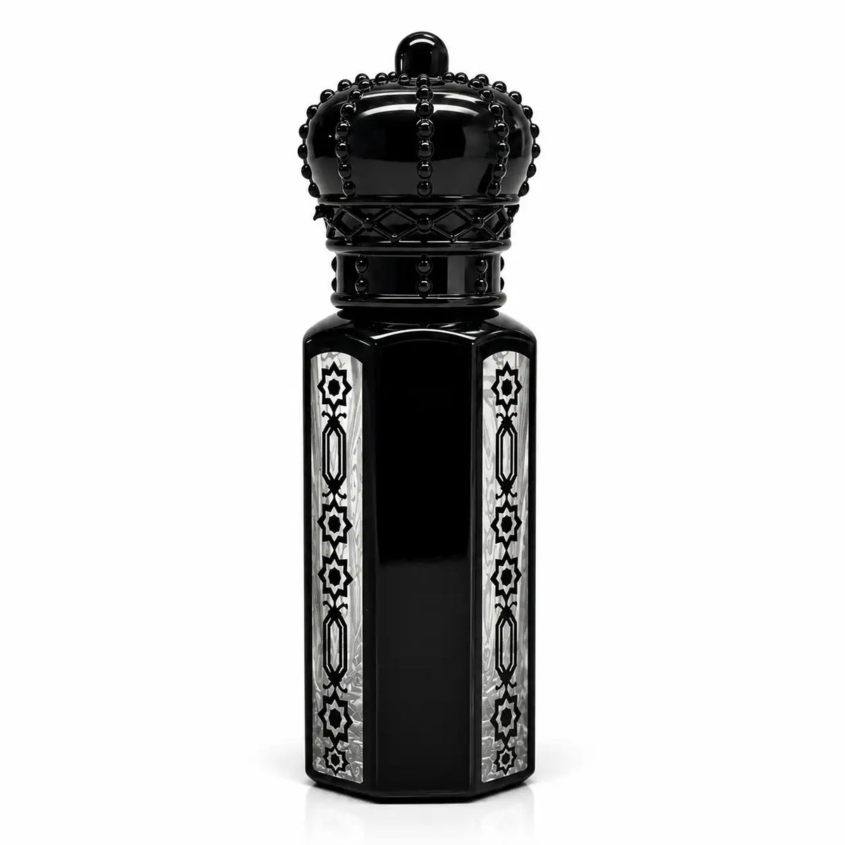 Black crown attar bottle showing decorative crown cap, bottle design and premium detailing