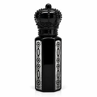 Black crown attar bottle showing decorative crown cap, bottle design and premium detailing
