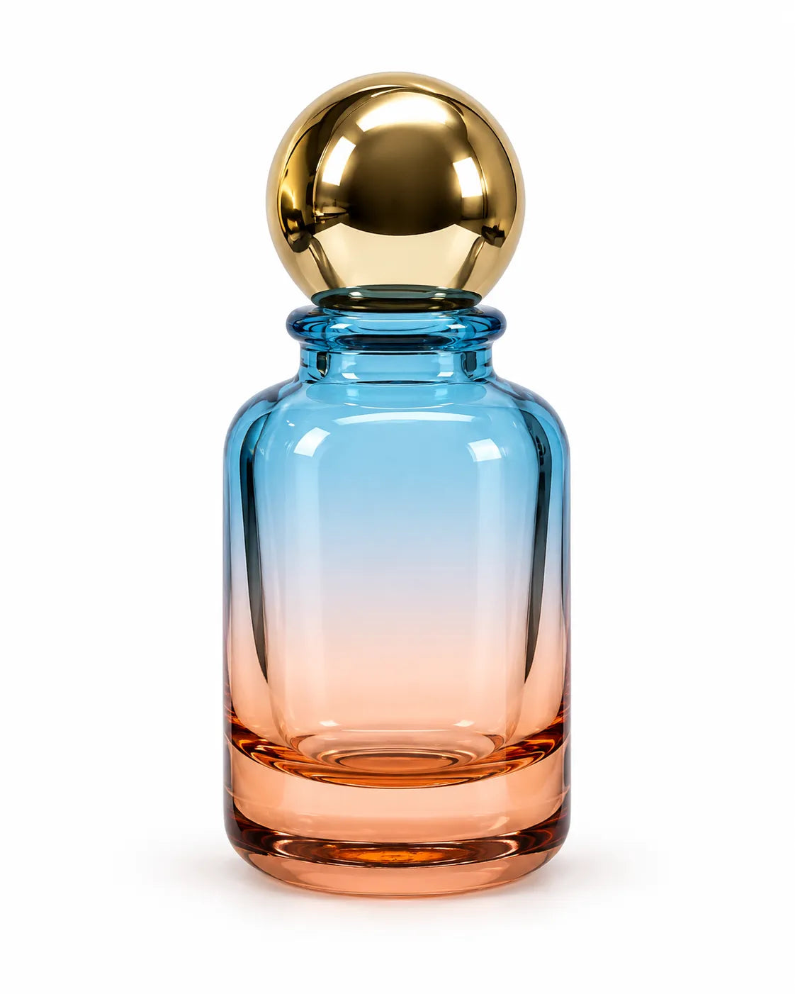 50ml blue-to-peach ombre glass crimping perfume bottle with a round gold cap