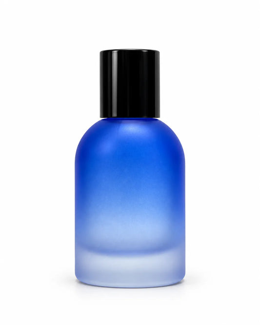 50ml blue ombre frosted glass crimping perfume bottle with a glossy black cap