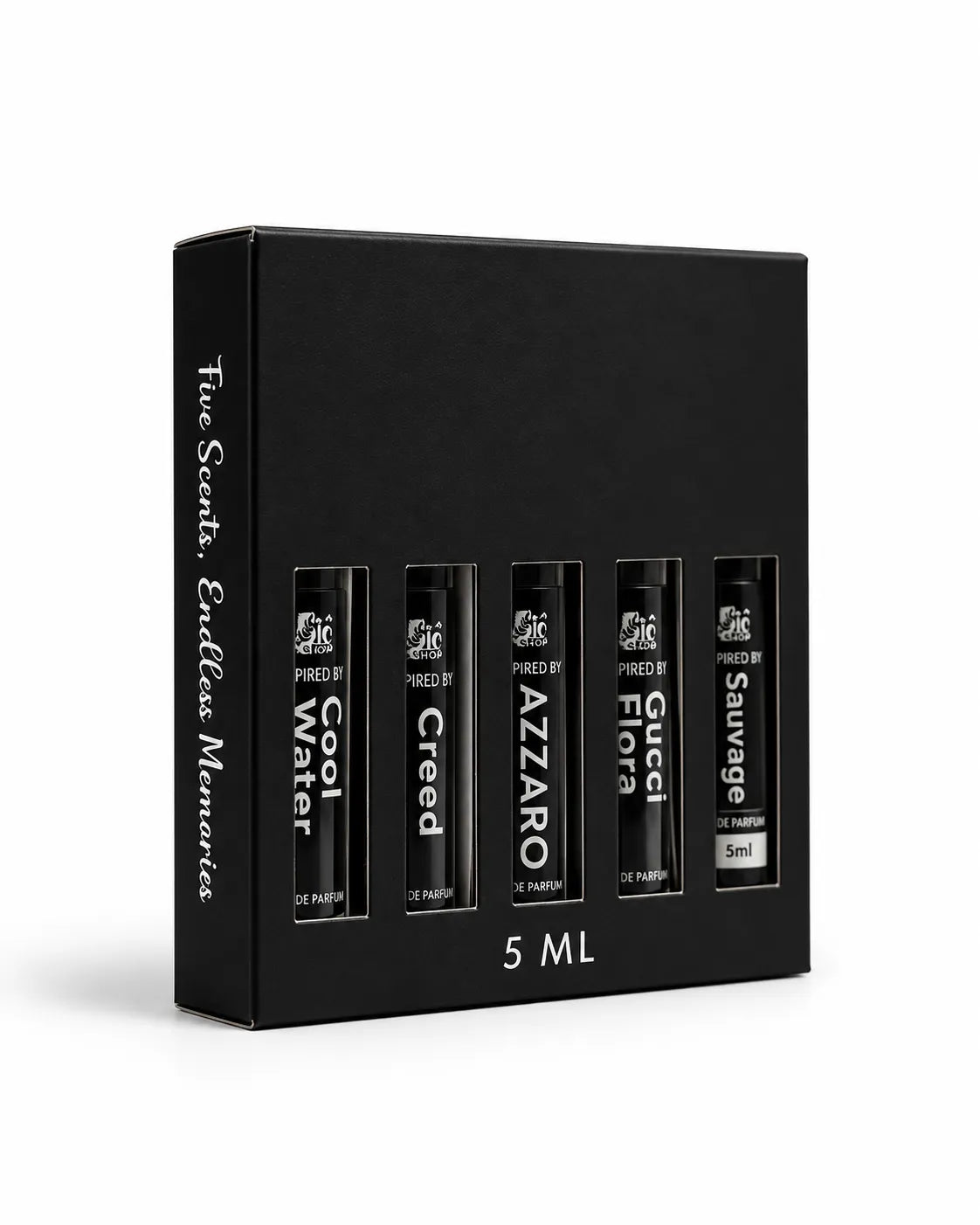 Empty black 5-slot perfume sample box for five 5ml fragrance vials, suitable for discovery sets and tester packaging at Bio Shop Pakistan