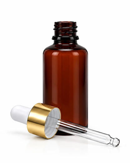 Empty 30ml amber brown plastic cosmetic bottle with a golden-coloured dropper closure.