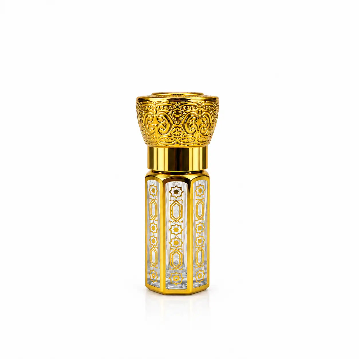 3ml gold Arabic attar bottle with ornate cap and glass applicator