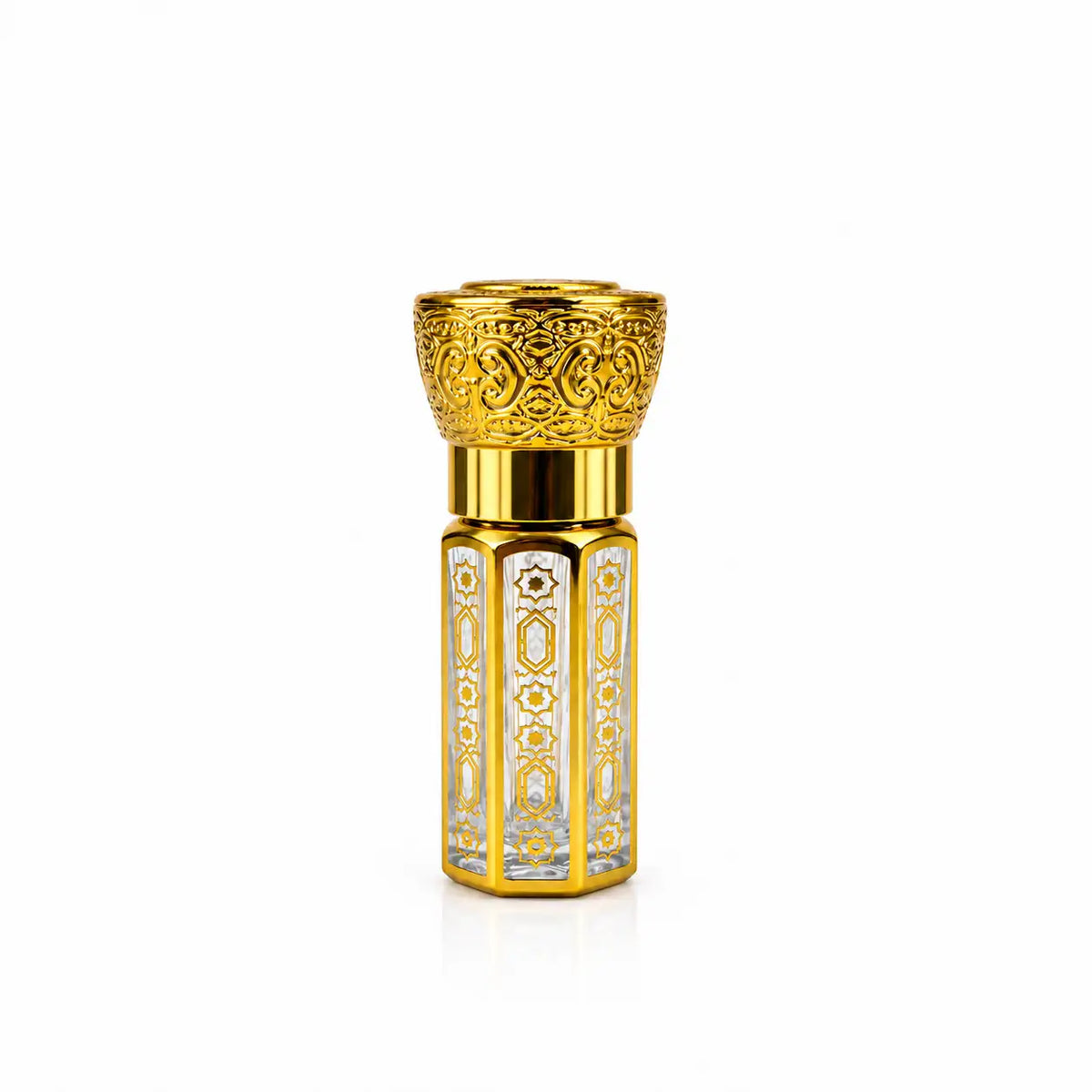 3ml gold Arabic attar bottle with ornate cap and glass applicator