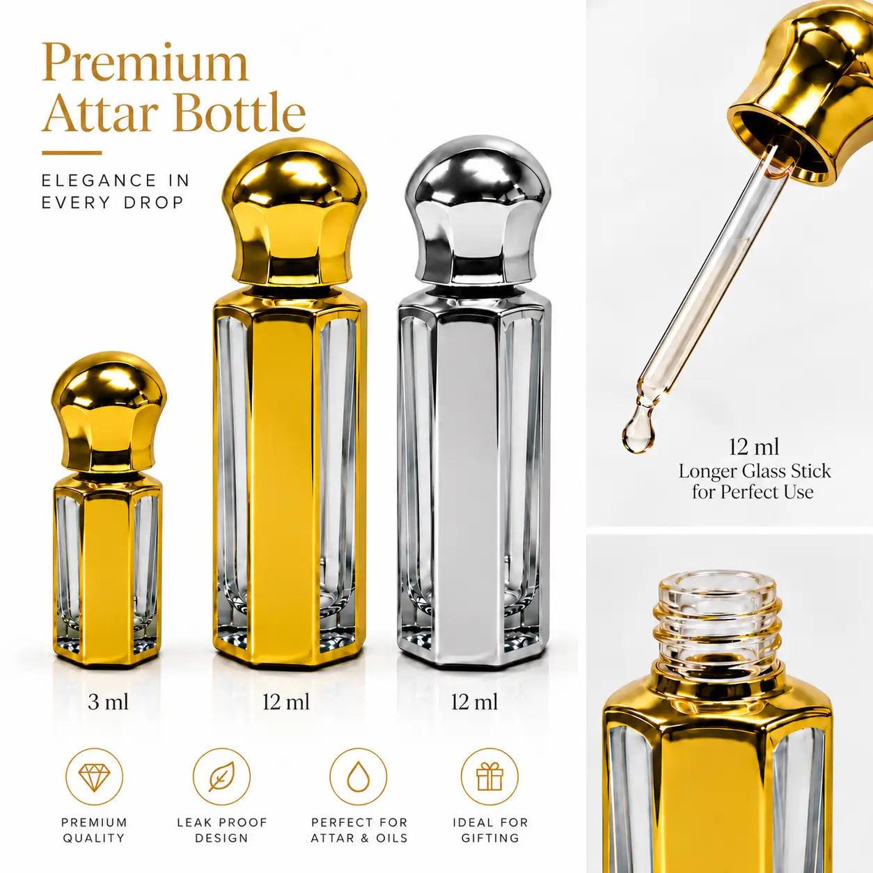 3ml gold attar bottle with glass stick for perfume oil packaging