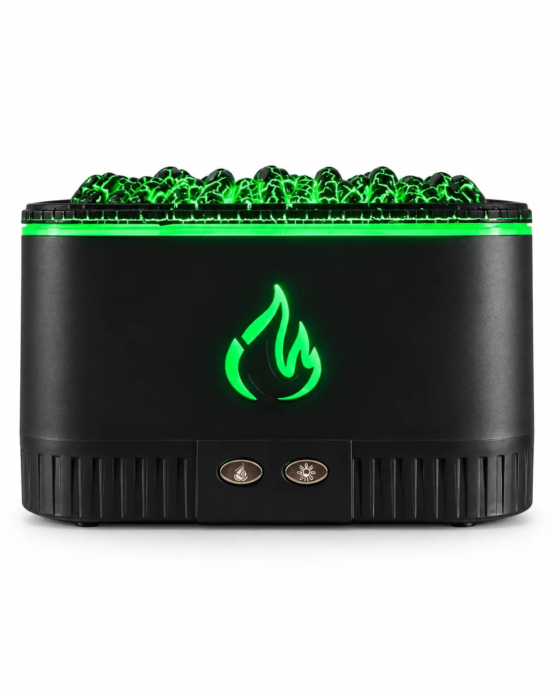 Front view of a black coal-effect flame aroma diffuser with a textured top, flame emblem, and two oval buttons.
