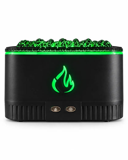 Front view of a black coal-effect flame aroma diffuser with a textured top, flame emblem, and two oval buttons.