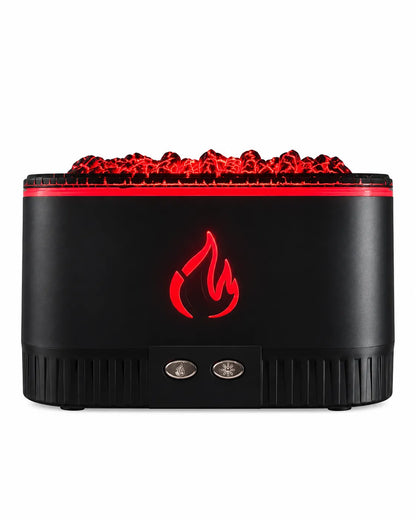 Black coal-effect flame aroma diffuser with two front buttons and AROMA retail packaging on a white background.