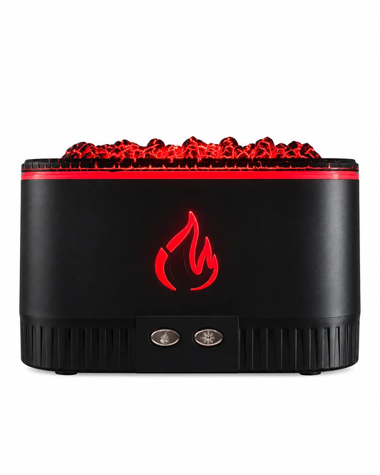 Black coal-effect flame aroma diffuser with two front buttons and AROMA retail packaging on a white background.