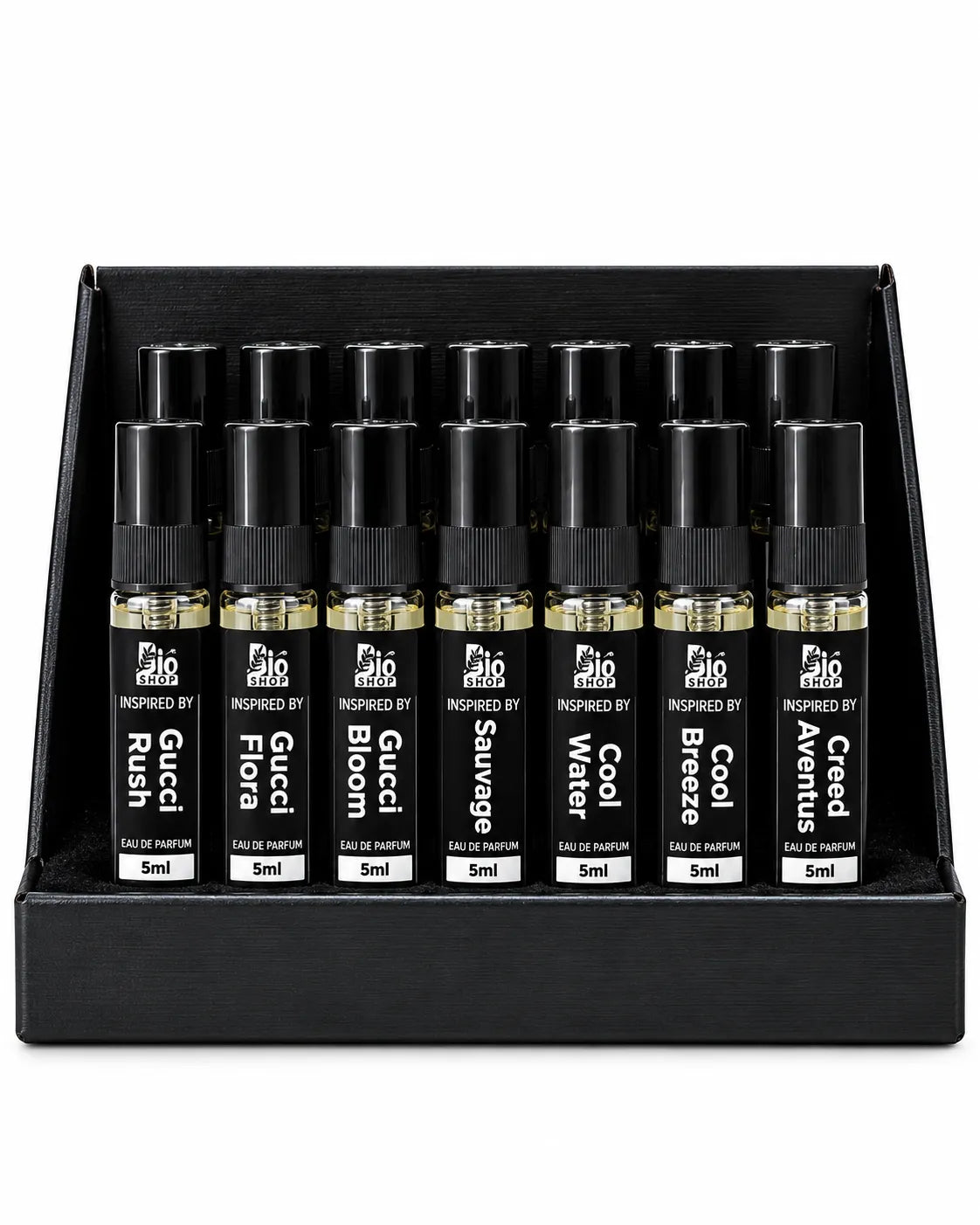 Fragrance tester display box featuring black-capped spray vials with individual inspired perfume labels for retail sampling.