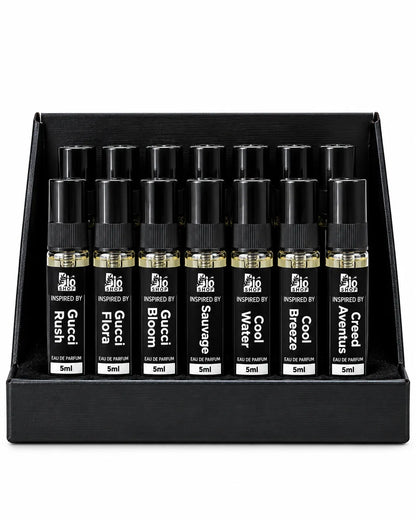 Fragrance tester display box featuring black-capped spray vials with individual inspired perfume labels for retail sampling.