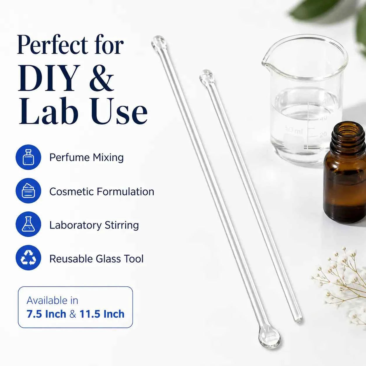 Glass Stirring Rod for Perfume, Cosmetic & Lab Mixing – 7.5 Inch / 11.5 Inch
