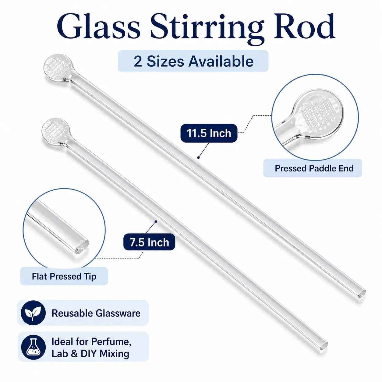 Glass Stirring Rod for Perfume, Cosmetic & Lab Mixing – 7.5 Inch / 11.5 Inch