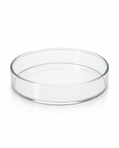 Normax clear glass Petri dish with its base and removable lid displayed side by side on a white background.