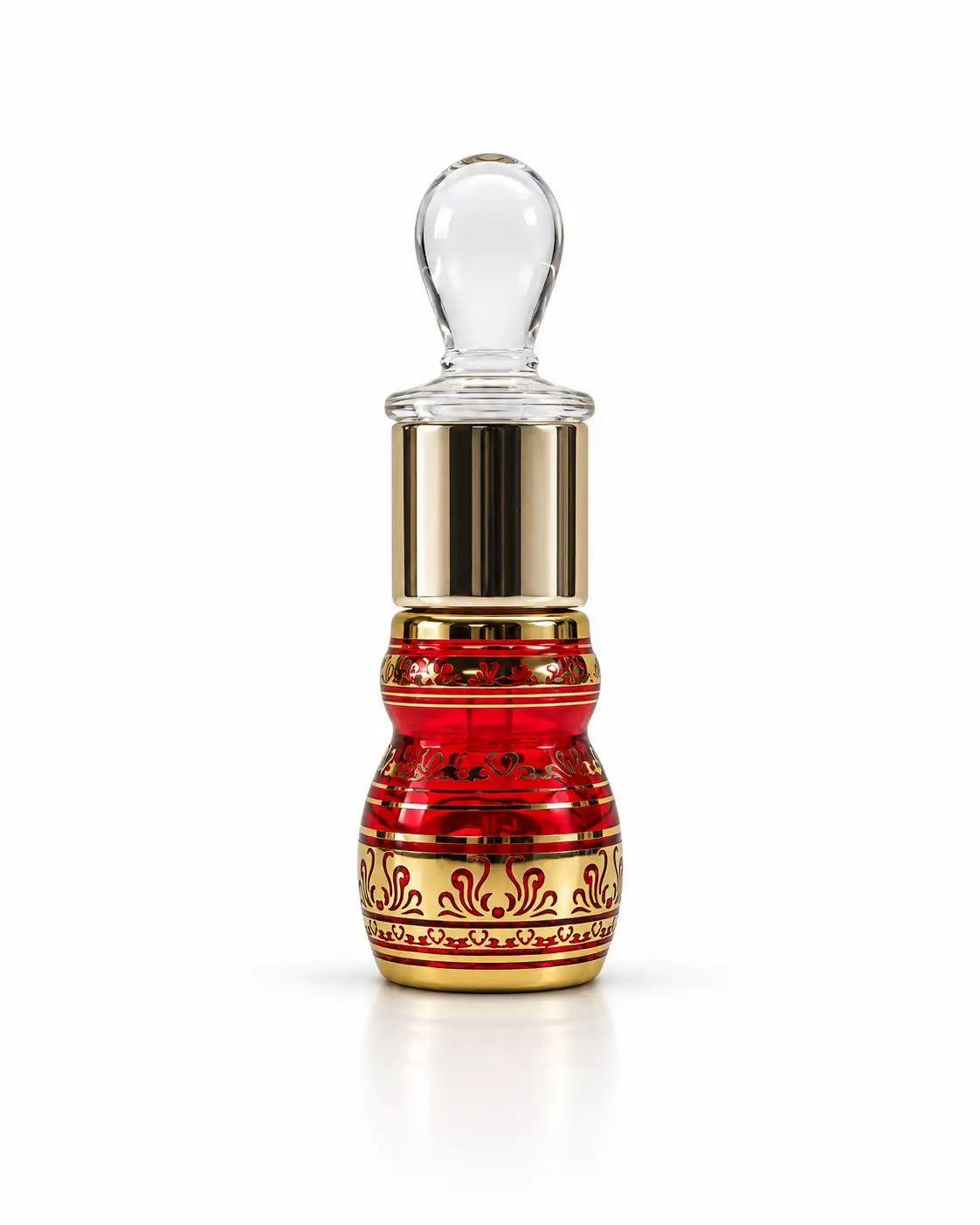 Premium 6ml Arabic attar bottle showing glass stick applicator and decorative gold details